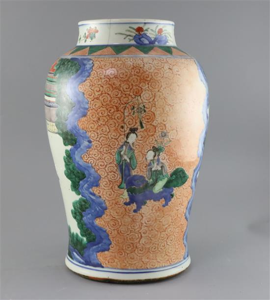A Chinese wucai baluster vase, 19th century, H.39cm, cracks